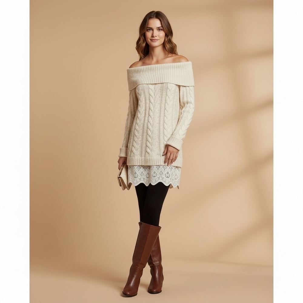 Knox Rose Cream Knit Cowl Neck Lace Hem Sweater Size Large Chunky Cable Knit